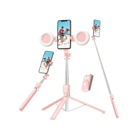 6-In-1 Foldable Adjustable Selfie Stick Phone Tripod with Dual Fill Lights, Detachable Cordless Bluetooth Remote, Cable-Free Design, Portable Retractable Vlogging Equipment for Cellphone, Smartphone, Camera Photography, Includes Manual