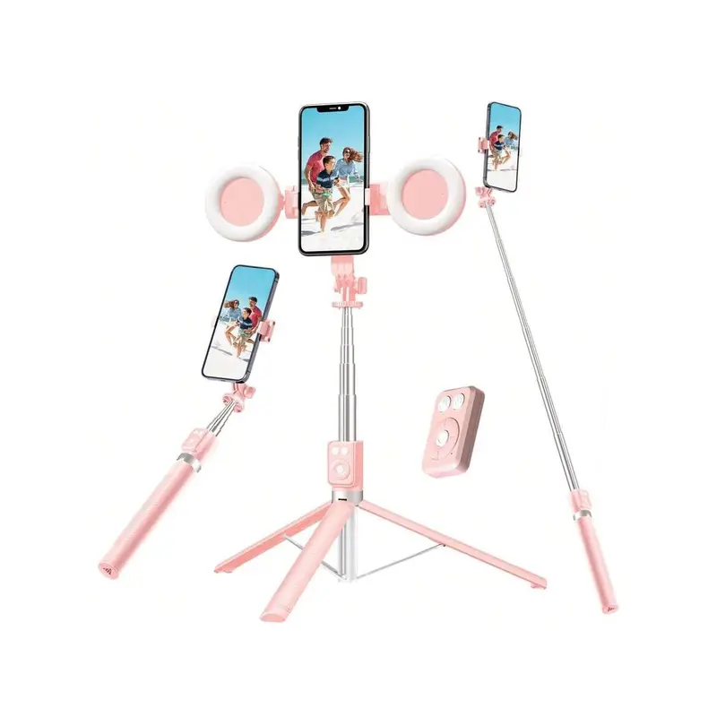 6-In-1 Foldable Adjustable Selfie Stick Phone Tripod with Dual Fill Lights, Detachable Cordless Bluetooth Remote, Cable-Free Design, Portable Retractable Vlogging Equipment for Cellphone, Smartphone, Camera Photography, Includes Manual