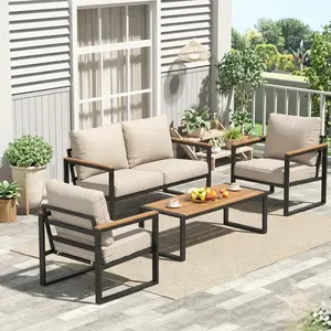 4-Piece Outdoor Patio Furniture Set, Conversation Sofa Set with Metal Frame and All-Weather PE Rope Weaving, UV Resistant & Waterproof Couch with Table for Garden, Balcony, Backyard