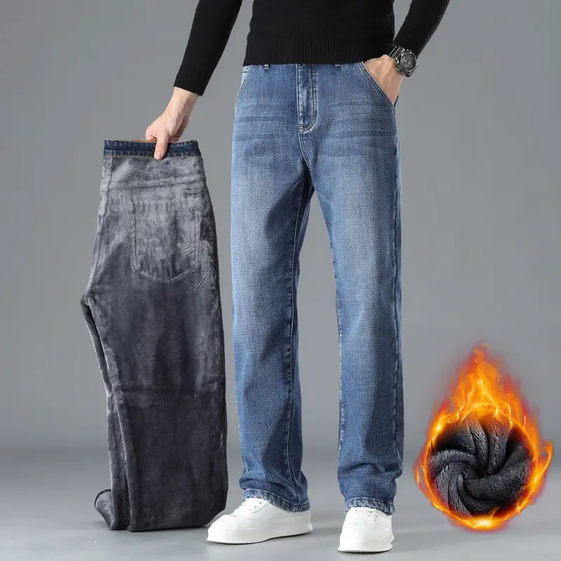 Men's Fleece-Lined Stretch Jeans Winter Loose-Fit Fleece-Lined Jeans Straight-Leg Mid-Rise Fashionable Versatile Jeans Business Casual Warm Trousers Suitable for Daily Wear and Outings
