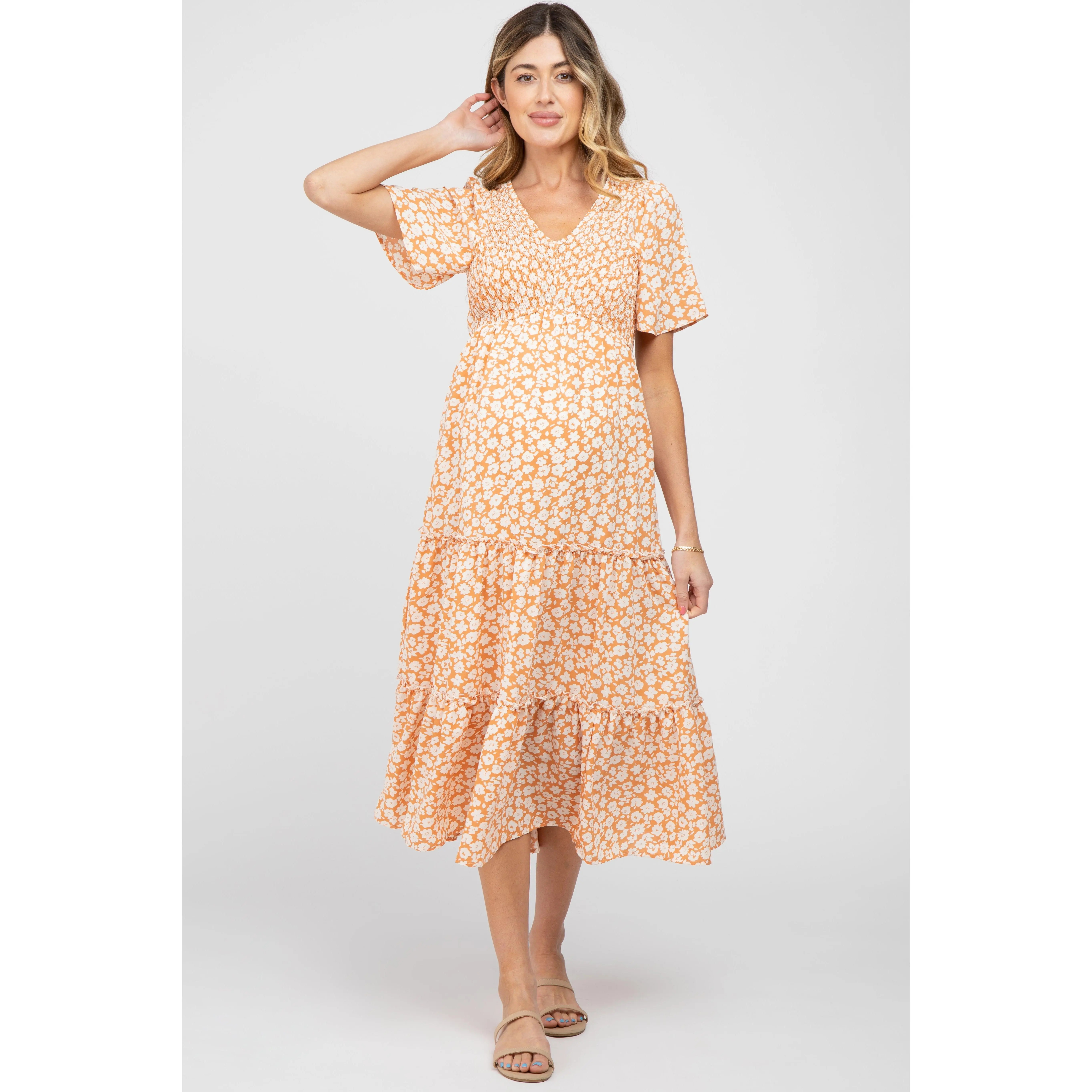 Floral Smocked Tiered Maternity Midi Dress with V-Neck and Flounce Sleeves - Pregnancy Outfits with Pockets & Maternity Clothes, Maternity Apparel