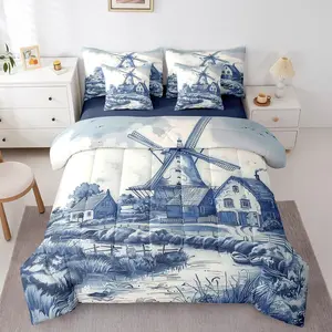 7Pcs Vintage Dutch Windmill Bed in A Bag Delft Blue Farm Bedding Set,Rustic Farmhouse Comforter Set with Sheets