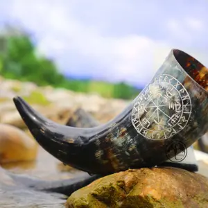 OLDEMPEROR Viking Drinking Horn - 12 Inch with Viking Compass Engraved & Leather Holster | Handmade Beer Cup | Food Grade | Unique Genuine Ox Horn| Natural Shine Finish| Viking Gift for Men & Women