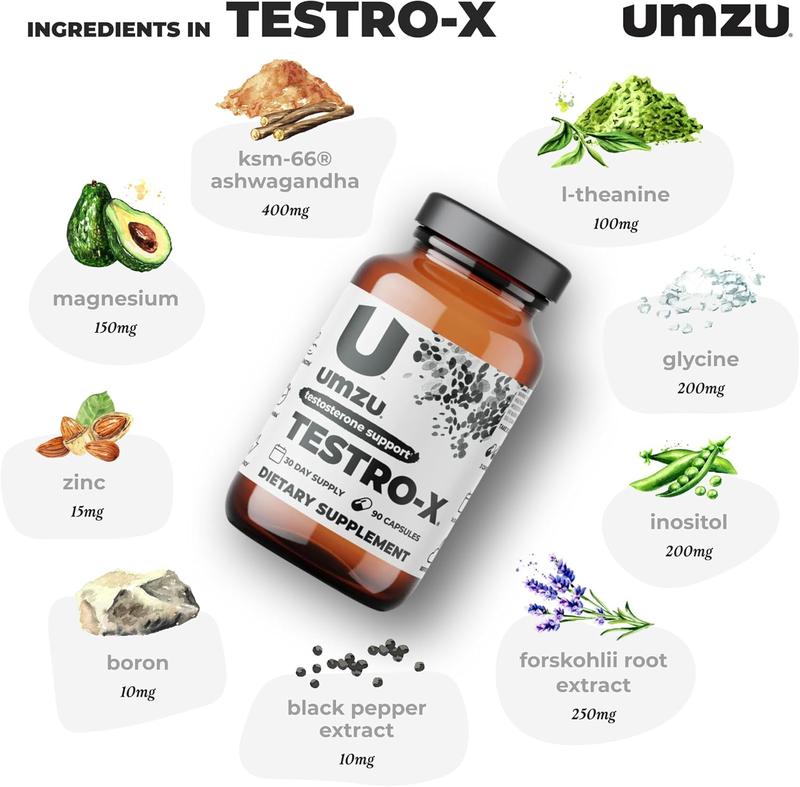 UMZU Testro-X – Male Testosterone Support with KSM-66 Ashwagandha, Magnesium, Zinc & More, Energy, Strength & Stamina Support, 90 Count