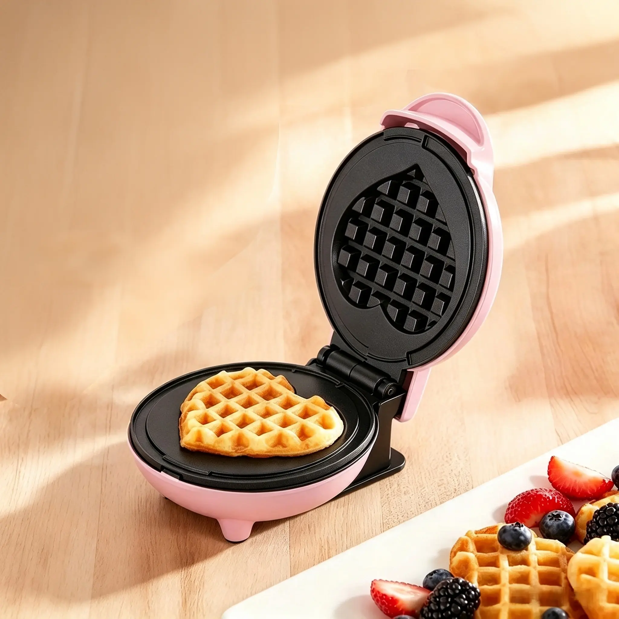 Mini Waffle Maker, 4-Inch Nonstick Heart-Shaped Waffle Iron with Adjustable Browning Control, Compact Breakfast & Snack Maker, Pink