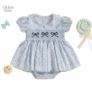 Global Baby Girls Valentine´s Puff Long Sleeve Doll Collar Heart Bow Embroidery Bubble Jumpsuit Summer Romper Dress Short Sleeve Bow Embroidery Floral Print Sweet Romper