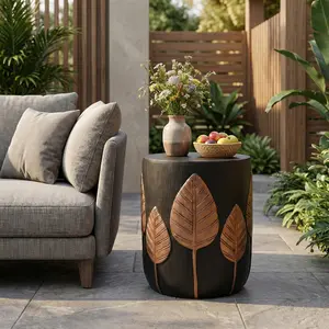 Outdoor Lightweight Concrete Side Table in Stunning Copper Finish with Round Cylindrical Design and Leaf Pattern Boho Style for Patio Garden Balcony Living Room 15.25 Inch Diameter 18.5 Inch Height No Assembly Required Perfect Accent Decor Gift