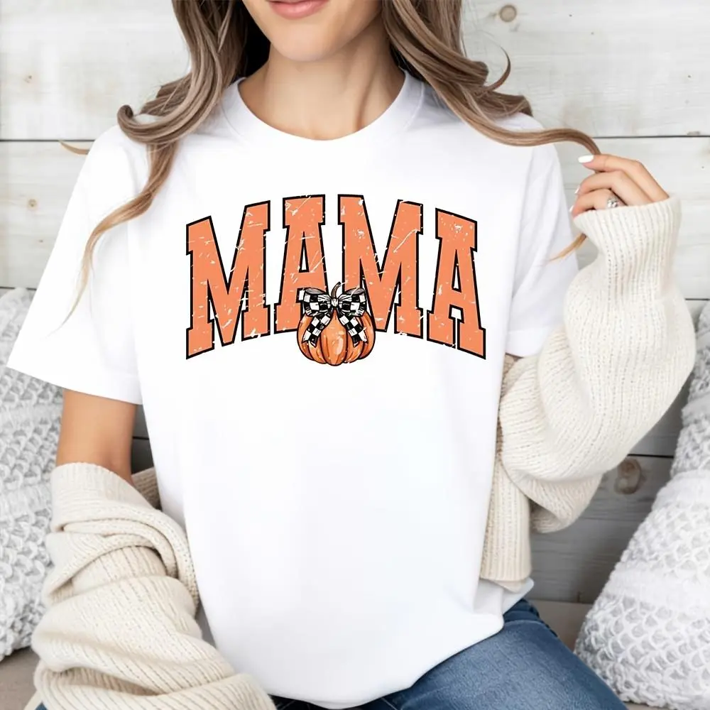Mama Pumpkin Print Raglan Long-Sleeved T-Shirt, Fall Autumn Halloween Theme, Casual Daily Wear Holiday Gift
