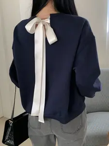 Women Contrast Color Tie-Up Loose Sweatshirt sweater for woman top autumn winter