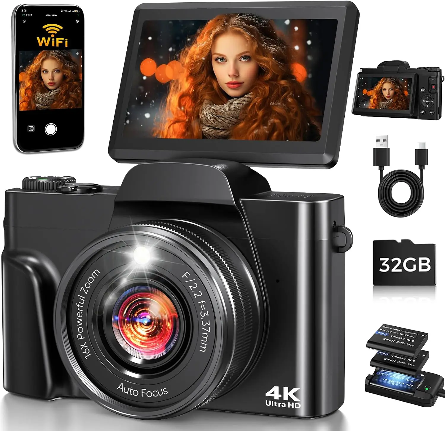 4K Digital Camera WiFi 180° Flip Screen Autofocus 64MP 16X Zoom, Black | Vlogging Camera for YouTube, Compact Travel Camera for Beginners, Anti-Shake, 32GB Card, 2 Batteries
