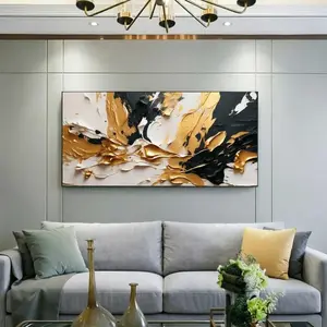1 piece canvas painting with wood frame, modern abstract canvas wall art with black, white, gold and beige brushstrokes - simple living room and bedroom decor, large canvas wall art for decorating room, living room, office, etc