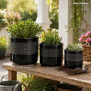 ARCH Handmade Black Glazed Ceramic Planters Set of 3 - 9in,7in,6in Diameter, Grid-Designed Porous Clay with Drainage Holes, Glossy Handbuilding Decorative Indoor Ornamental Flower Pots for Succulents/Cacti Shelf/Table Use, Glossy Flower Pots