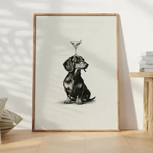 Vintage Dog Martini Artistic Wall Art, Fun Sausage Dog Print Poster, Unique Bar Cart Decoration, Country Farmhouse Style, Living Room Home Decor