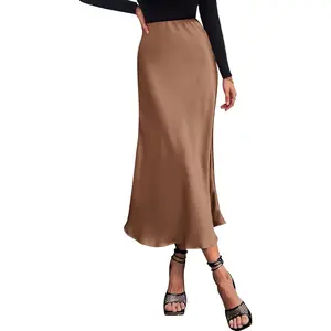 2026 Summer Womens Skirts Silk Elegant High Waist Flowy Long Satin A-Line Midi Skirt Cocktail Wedding PartyGift
