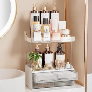 Bathroom Organizers and Storage, 2 Tier 2 Drawer Makeup Organizer Countertop, Easy to Install, Ideal for Bathroom Counter, Vanity, Large Skincare, Perfume, Present, Desk and More, Clear