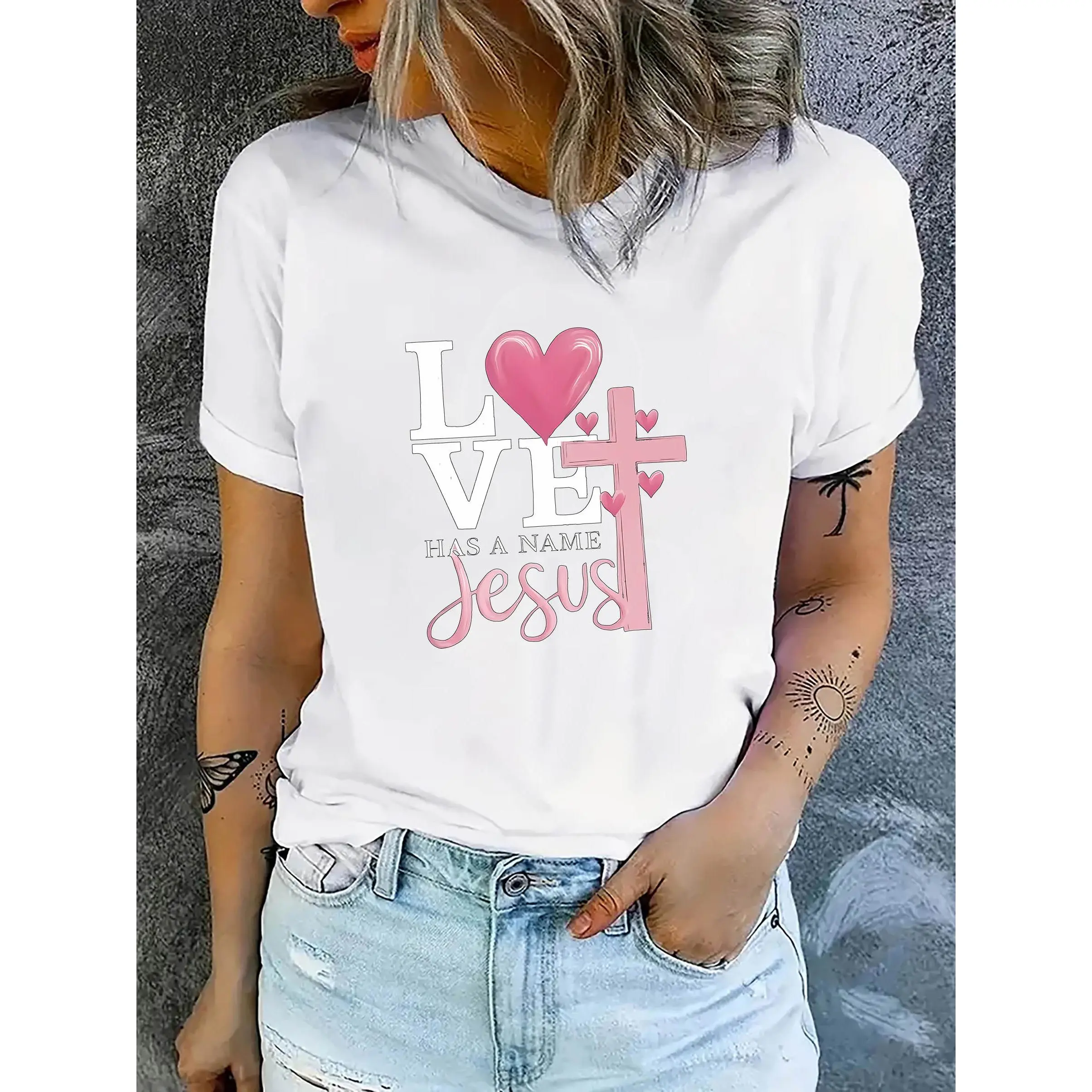 Women's Christian Graphic Tee - Medium Stretch, Short Sleeve, Crew Neck, Love and Faith Lettering with Heart & Cross, Polyester Spandex Blend, Casual Summer Top