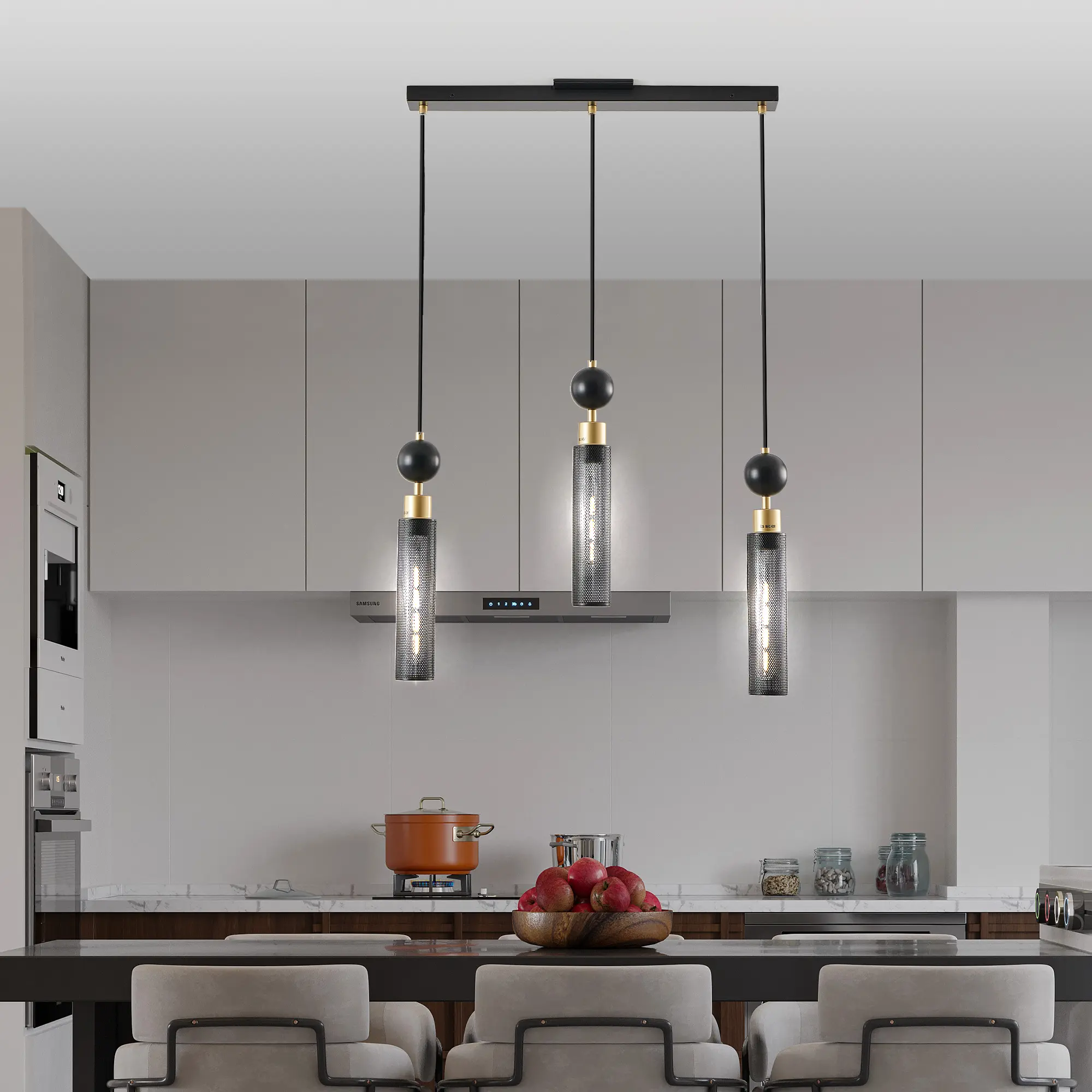 summerwins 25 in Modern Black and Gold Multi-Light Pendant Chandelier, 3-9 Adjustable Hanging Lights with Cylindrical Mesh Shades, E26 Base, Customizable Line Voltage, Ideal for Dining Room, Kitchen Island (No Bulbs), Chandeliers
