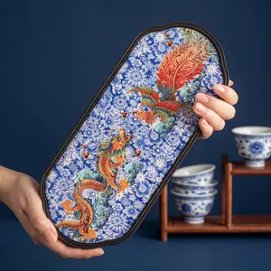 Blue and White Dragon and Phoenix Dry Tea Tray, Ceramic Small Tea Table, Rectangular Tray, Tea Set Accessory, High Aesthetic Tea Mat