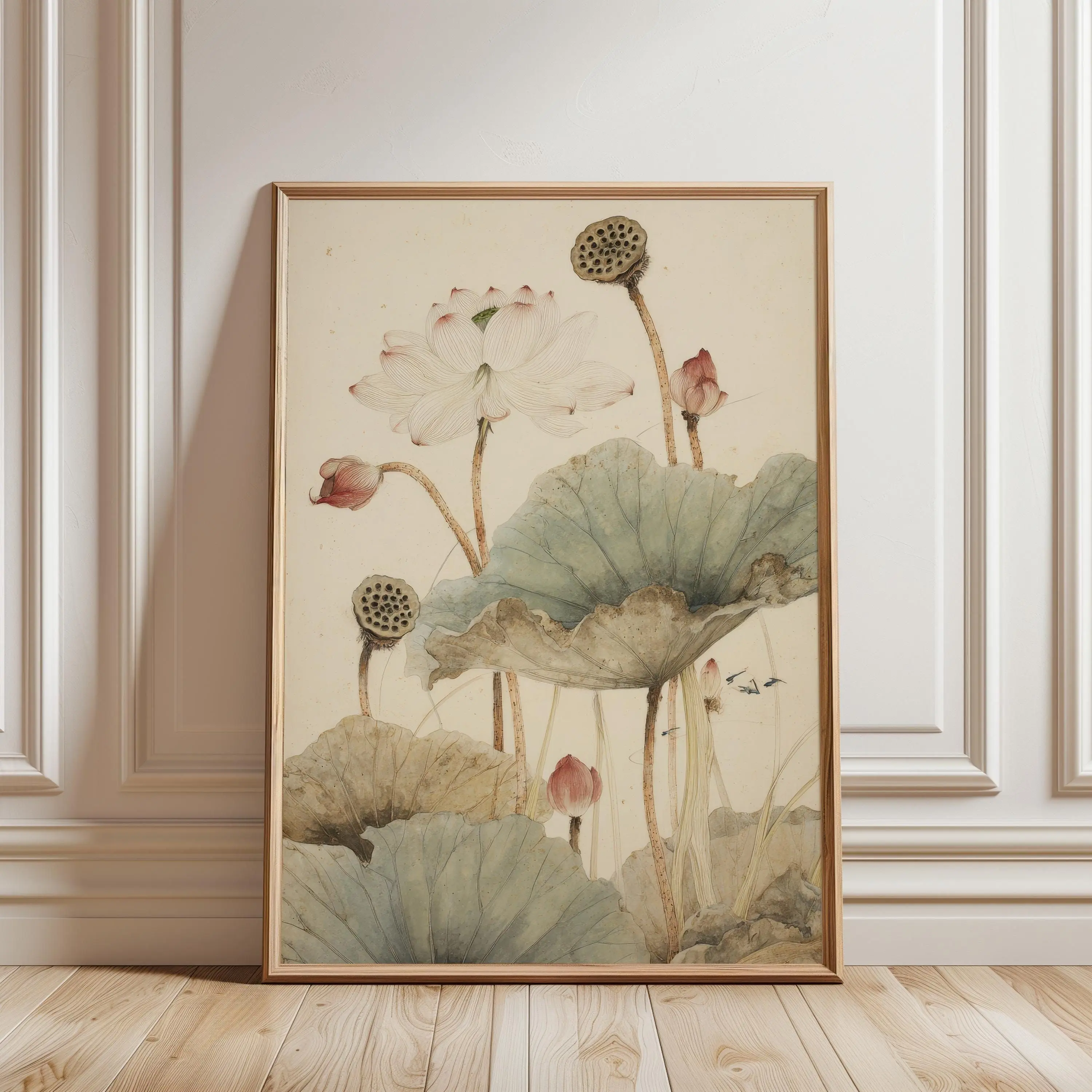 [SALE UP TO 40%] [Unframed] Lotus Botanical Illustration Poster, Japanese Nature Wall Art, Vintage Floral Print