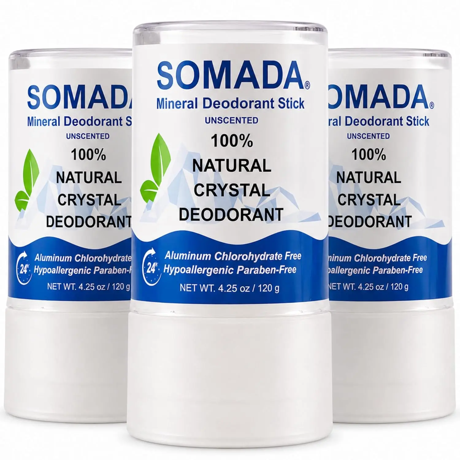 SOMADA Crystal Deodorant Stick - Piedra de Alumbre - Alum Stone, 4.25oz | 100% natural mineral salt stone, unscented, aluminum-free 3 pack