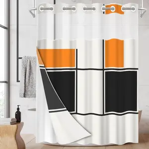 1pc hookless shower curtain with buckle lining, black and orange geometric square patchwork design, 2D flat printing, fabric waterproof lining, see-through double-layer shower curtain, 71 x 74 inches, modern home draping curtain.