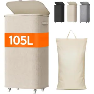 105L Plastic Laundry Basket with Lid, Large Clothes Hamper with Wheels and Removable Bag, Tall Collapsible Rolling Storage Bin for Dorm Bedroom Bathroom, Beige