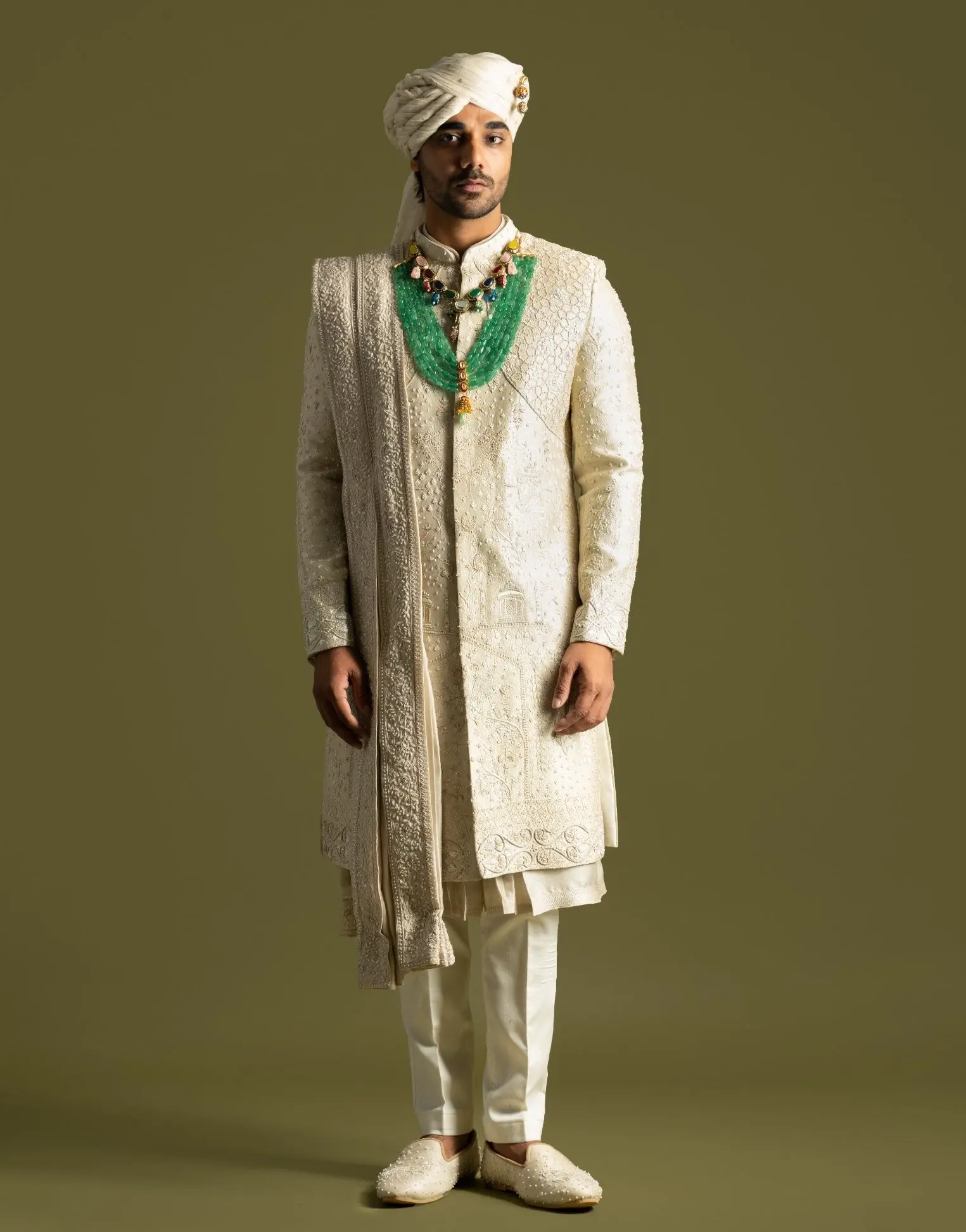 Beige threadwork sherwani set