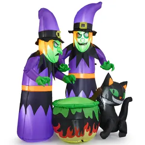 COSTWAY - 6 Ft Inflatable Halloween Witches with Cauldron & Black Cat