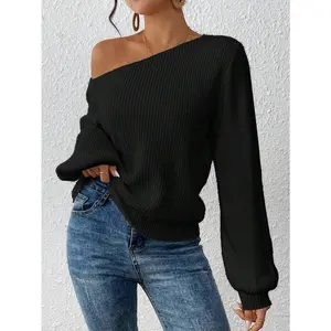 Women's Solid Color Oblique Shoulder Long Sleeve Loose Ribbed Casual Knit Pullover Sweater In Fall/Winter