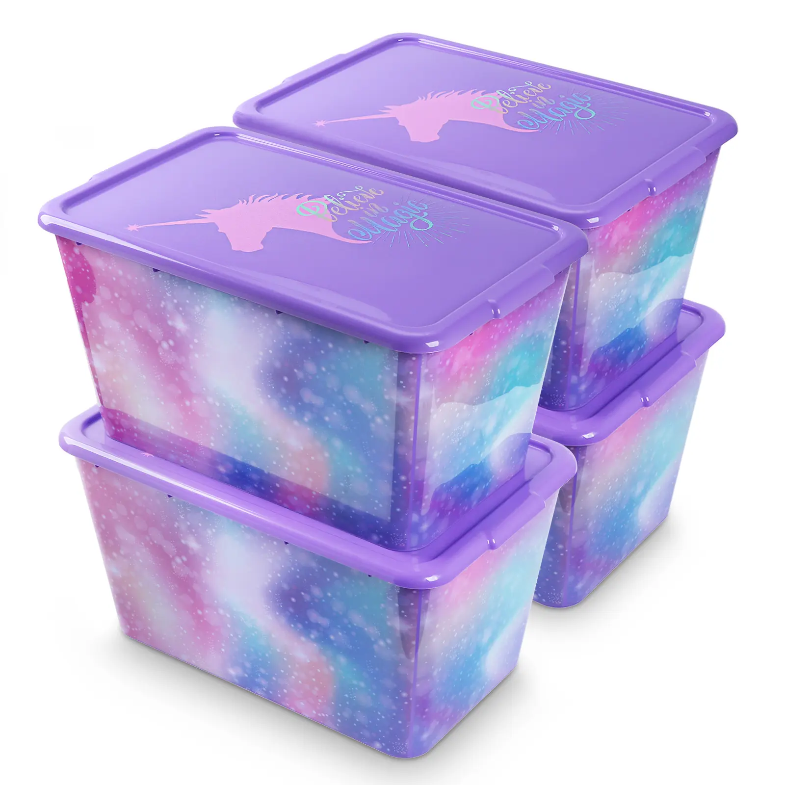 SIMPLYKLEEN Unicorn Galaxy Stackable Nestable Plastic Storage Bins with Lids - Made in USA, 14.5 Gal 4-Pack Heavy Duty Organizing Totes for Kids Bedroom, Office