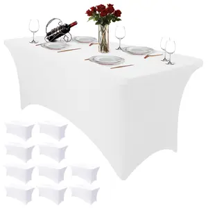 [1/2/4/6/10 Pcs] 6FT Rectangular White Tablecloth (72"L×30"W×30"H), 230 GSM Stretch Fabric, Machine Washable, Wrinkle-Resistant, Conforms to Table Shape, Ideal for Weddings, Parties, Trade Shows