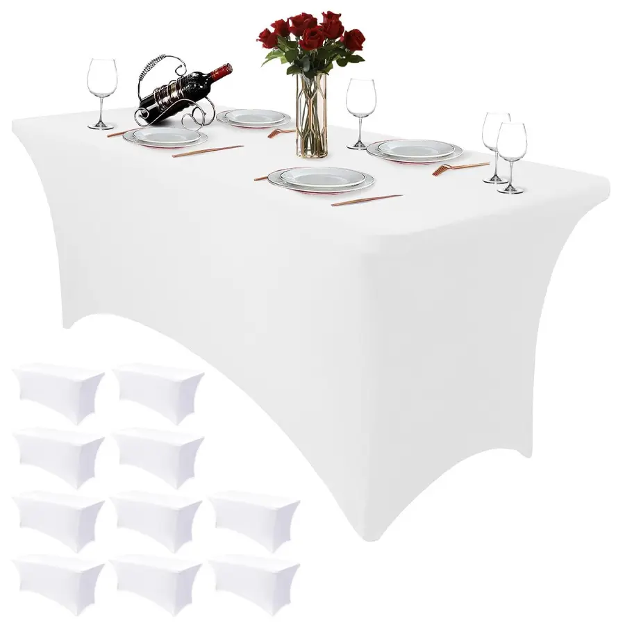[1/2/4/6/10 Pcs] 6FT Rectangular White Tablecloth (72"L×30"W×30"H), 230 GSM Stretch Fabric, Machine Washable, Wrinkle-Resistant, Conforms to Table Shape, Ideal for Weddings, Parties, Trade Shows