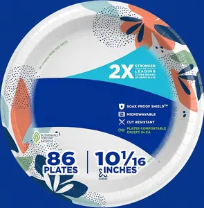 Large Paper Plates, 10 Inch, 86 Count, 2X Stronger*, Microwave-Safe, Soak-Proof, Cut Resistant, Disposable Plates For Everyday Breakfast, Lunch, & Dinner Meals