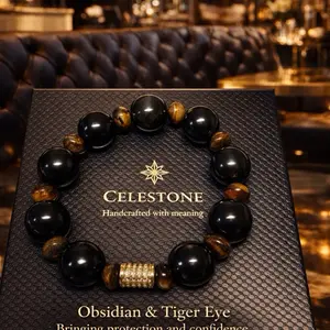 Celestone 14mm Obsidian & Tiger Eye Bracelet Handcrafted with Meaning Bringing Protection and Confidence