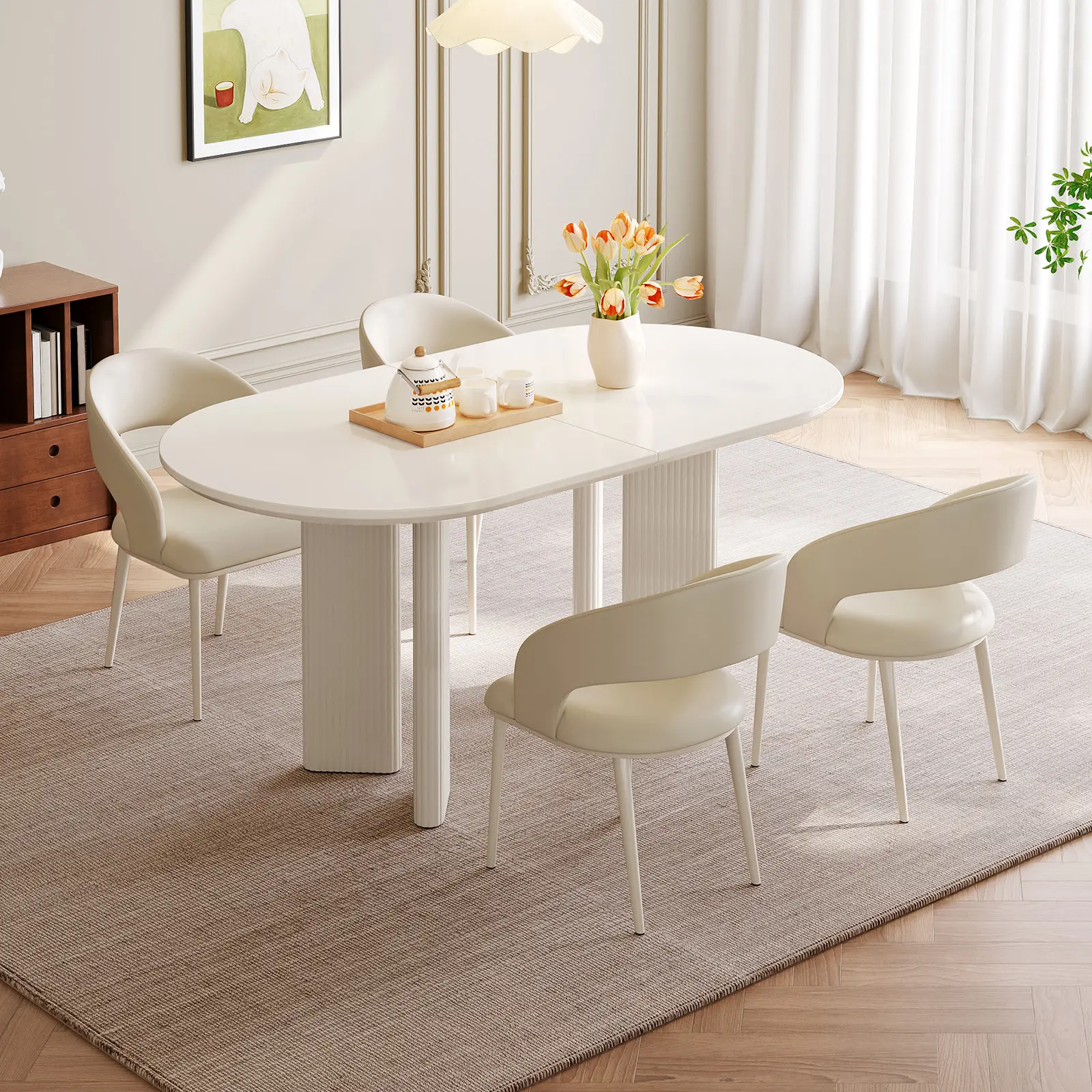 Guyii 55.12" Oval Cream White Racetrack Dining Room Set (5-Piece) - 1 Kitchen Table, 4 Chairs, Modern Minimalist, Durable, Easy Assembly, Work-Friendly, Seats 4, Assembly Required
