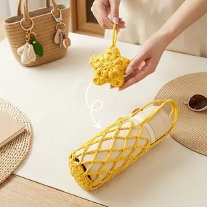 2-In-1 Handmade Crochet Sunflower Bag Charm, Water Bottle Mesh Net Bag, Aesthetic Crochet Birthday Gift, Portable Coffee Cup Holder Pouch, Handwoven