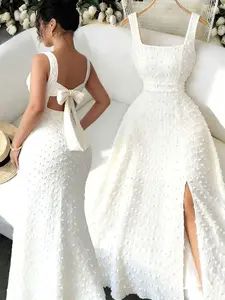 🎀 Square Neck Sleeveless Knit Dress With Open Back Bow, Elegant Fitted Party Style.