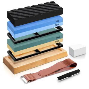 Sharpening Stone Whetstone Set, Knife Sharpening Stone Kit 4 Side Grit 400/1000 3000/8000, Professional Whetstone Knife Sharpener Includes Bamboo Base, Flattening Stone, Leather Strop & Angle Guide Kitchen Knives