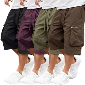 2/4pack Japanese retro cargo shorts with multiple pockets; men’s trendy brand summer lightweight loose straight casual mid-length shorts for outdoor wear, suitable for everyday outfits. Menswear Tropical Dalmatian Beige Plain