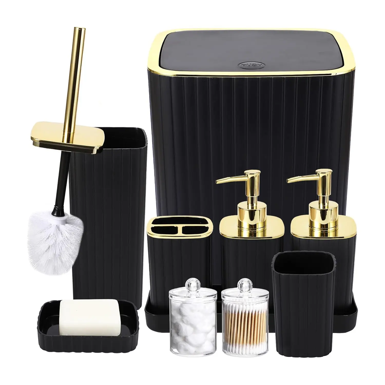Bathroom Accessories Set, 10-Piece Kit Including Trash Can, Toilet Brush, Toothbrush Holder, Soap Dispenser, Soap Dish, Cup, Cotton Swab Holder & Tray, Bathroom Organizers