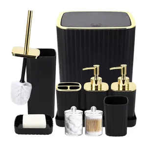 Bathroom Accessories Set, 10-Piece Kit Including Trash Can, Toilet Brush, Toothbrush Holder, Soap Dispenser, Soap Dish, Cup, Cotton Swab Holder, Tray