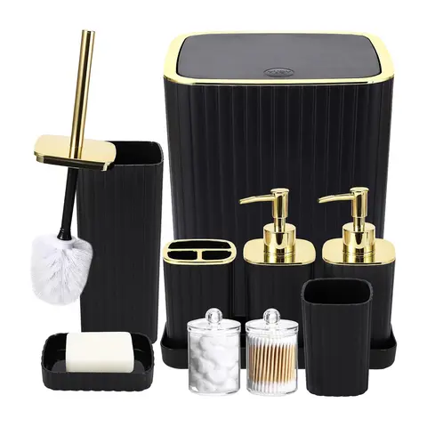 Bathroom Accessories Set, 10-Piece Kit Including Trash Can, Toilet Brush, Toothbrush Holder, Soap Dispenser, Soap Dish, Cup, Cotton Swab Holder & Tray, Bathroom Organizers, Bathroom Accessory Sets, Bathroom Gadgets Kit