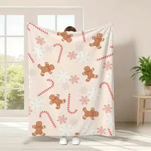 Gingerbread Men & Candy Canes Flannel Blanket - Soft Pastel Pink/White with Gingerbread & Candy Cane Stripes, All-Season Cozy Throw for Christmas, Halloween, Travel, TV - Lightweight Warmth, Festive Bedspread for Bed, Couch, or Picnic