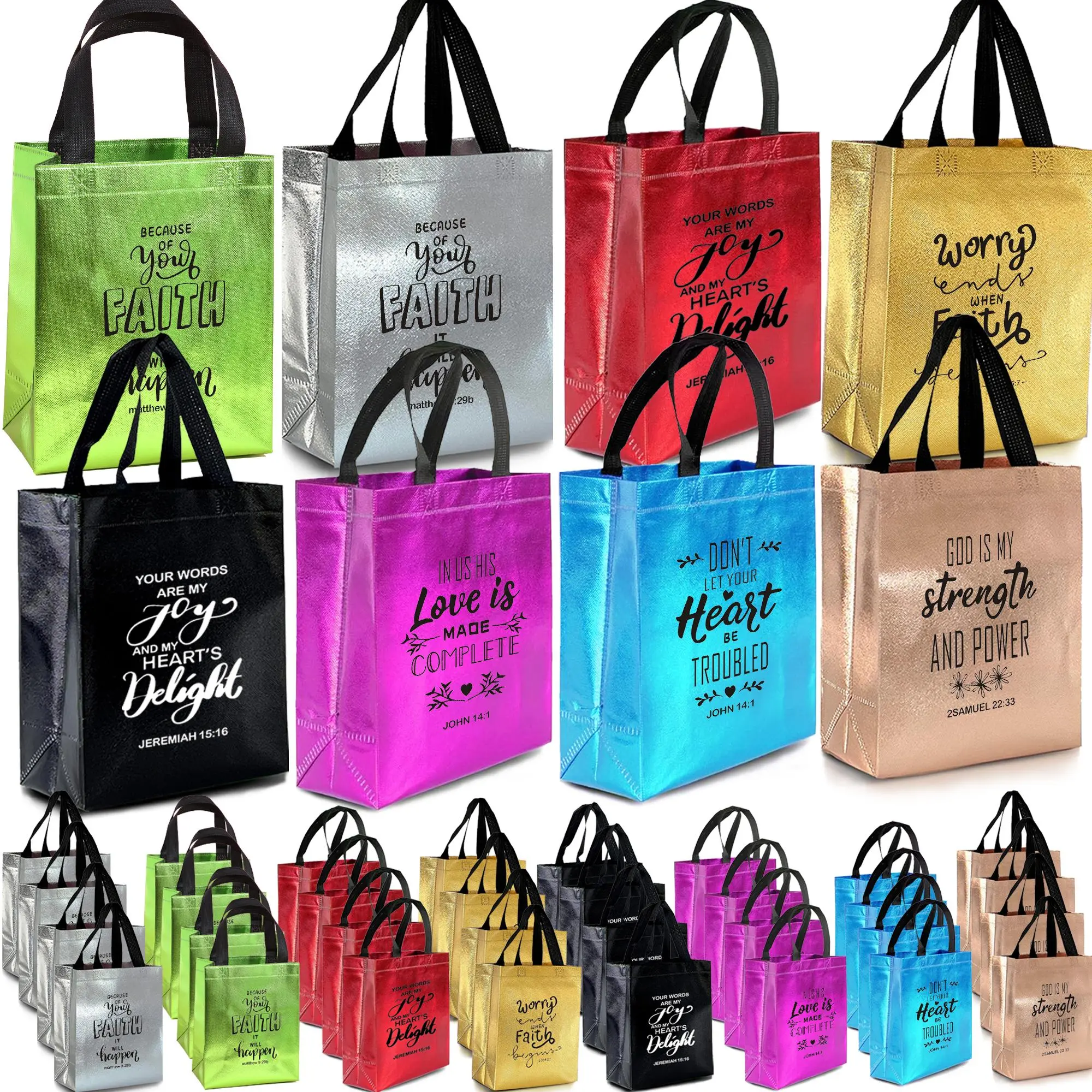 Bible Verse Pattern Non-woven Bag, Tote Bag, 24pcs/set Reusable Shopping Bag with Handle, Multicolor Funny Gift Bag for Christian Baptism, Wedding & Birthday Party Souvenir, Party Supplies, Souvenir Bags, Wedding Favors, Reusable Bags with Handles