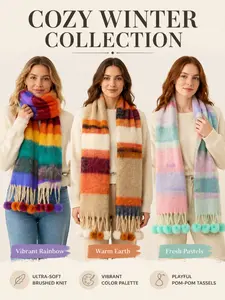 Warm Plaid Long Scarf, Versatile Ball-Trimmed Neck Warmer, New Fall/winter Fuzzy Stripe Scarf, Cute Pom-Pom Fringe, Multiple Colors Available