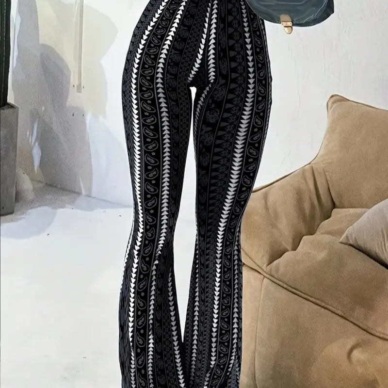 Boho Print Pants, Tribal Pattern Trousers, All Seasons Trousers, Flared Leg Pants, High Waist Pants, Stretchy Casual Pants, Retro Bohemian Pants, Festival Style Bottoms, Casual Chic Bottoms