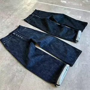 Y2K vintage black baggy wide-leg jeans; men’s extremely baggy dark-wash distressed raw denim pants; high-quality street-style streetwear casual fashion