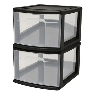 Homz Plastic 1 Drawer Medium Storage Cart, Black Frame with Clear Drawer, 2 Pack
