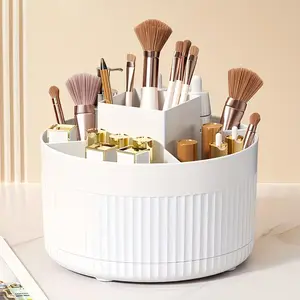 360° Rotating Makeup & Desk Organizer with 5 Compartments, Plastic Cosmetic Storage & Pen Holder for Brushes, Lipsticks, Skin Care, Stationery, Multi-Functional Durable Desk Caddy with Luxury Stripe Design, Makeup Organizer Box, Makeup Tool Organizer