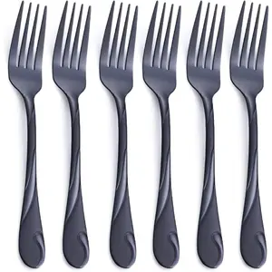 Black Salad Fork Set,  6.9-inch Stainless Steel Shiny Black Metal Dessert Fork, Small Cake Fork, Set of 6